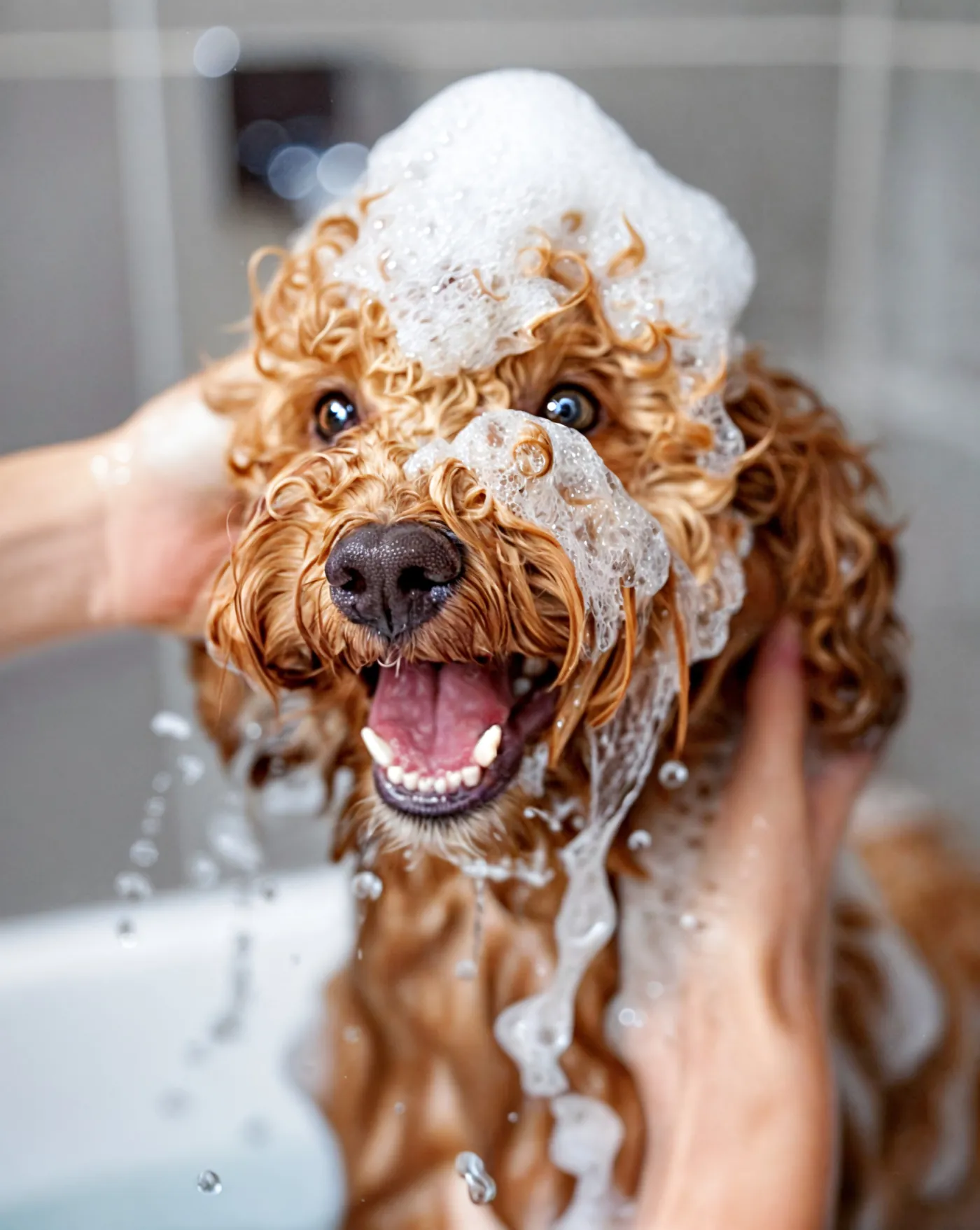 Happy poodle enjoying a bubbly bath
